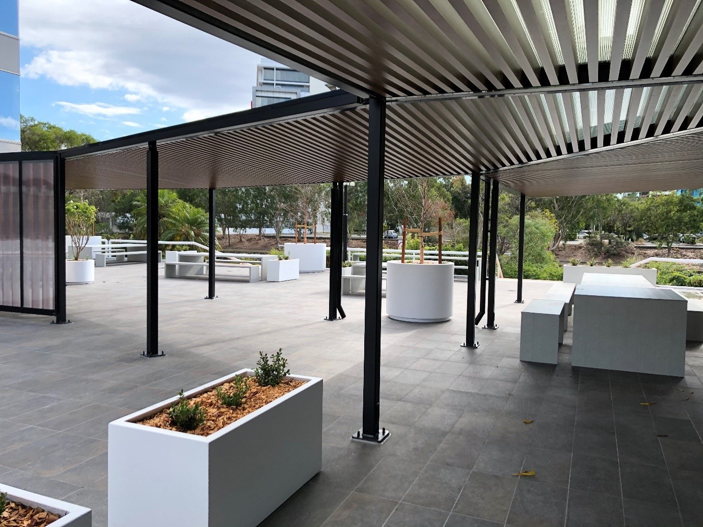 The waterside walkway shade structure installed by Versatile Structures