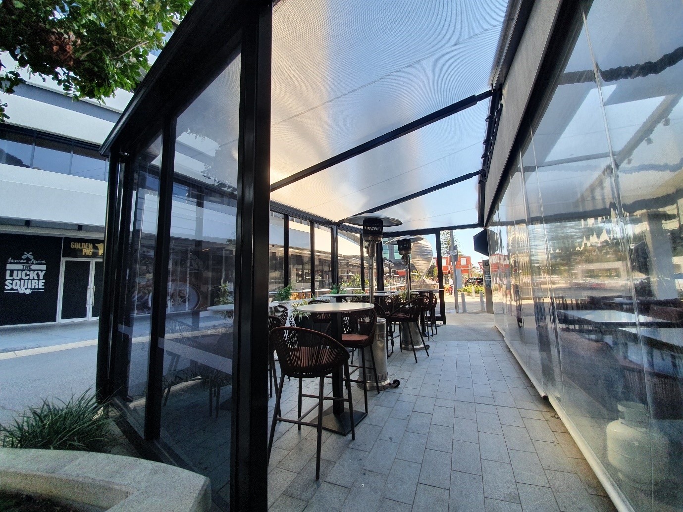 Mecca Bah restaurant commercial shade structure installed by Versatile Structures