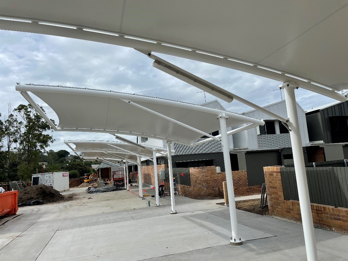 Waterproof car park shade structures installed by Versatile Structures