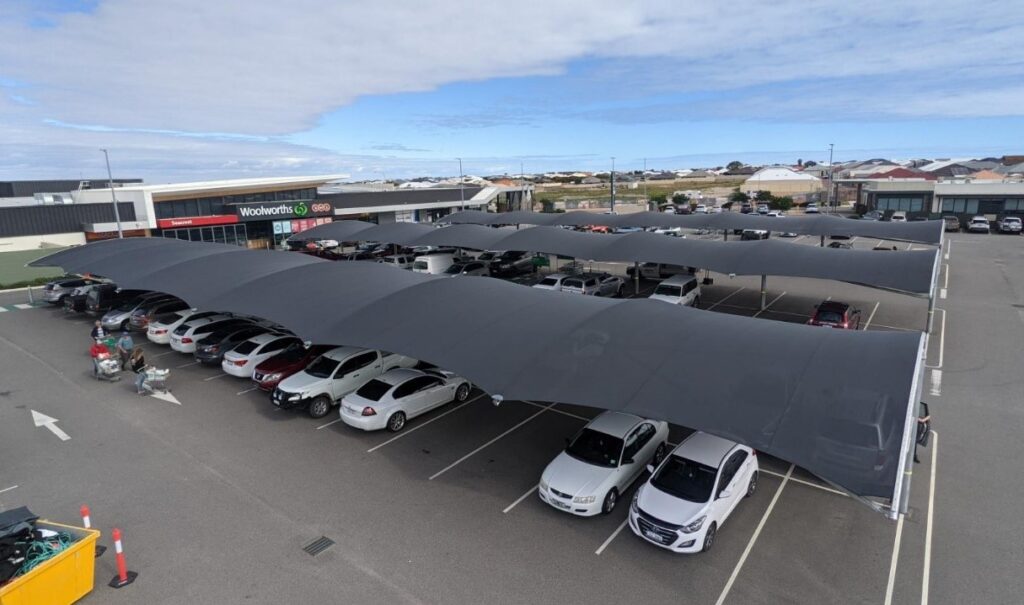 Stanthrope Plaza car park shade structure installed by Versatile Structures