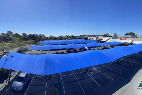 Woolworths Pelican Waters car park shade structures installed by Versatile Structures