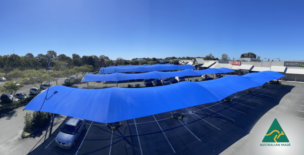 Woolworths Pelican Waters car park shade structures installed by Versatile Structures