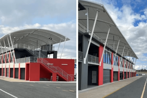 Queensland Raceway Track waterproof shade structure installed by Versatile Structures