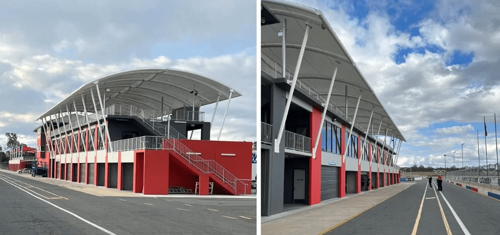 Queensland Raceway Track waterproof shade structure installed by Versatile Structures