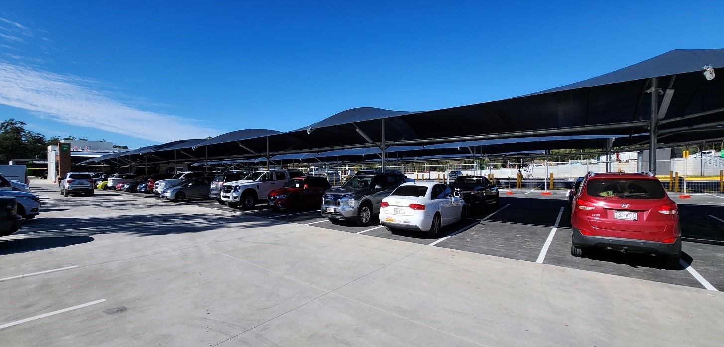 Woolworths Logan Reserve car park shade structure installed by Versatile Structures