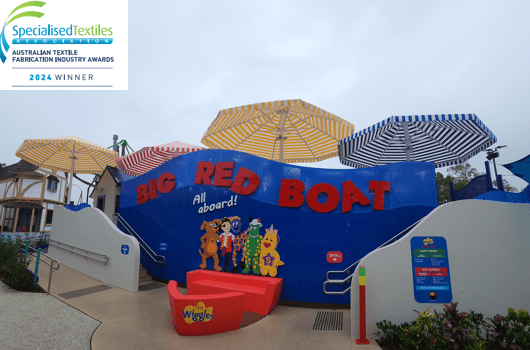 Dream World Big Red Boat award winning shade structure by Versatile Structures