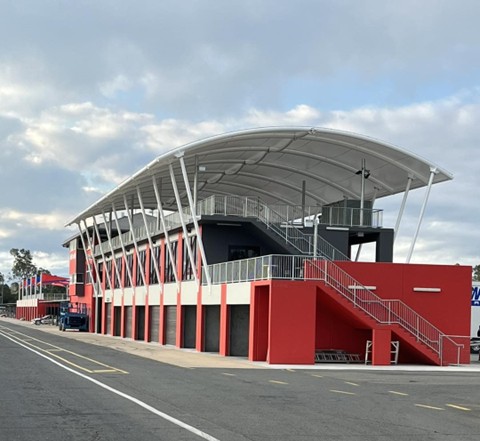 Queensland Raceway waterproof shade structure, manufactured, and installed by Versatile Structures