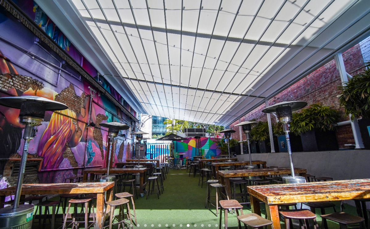 The Royal George awning shade structure designed, manufactured and installed by Versatile Structures