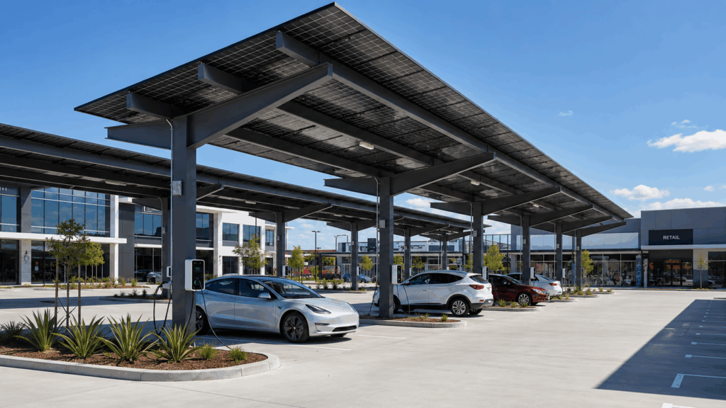 Solar powered car park shade structure designed by Versatile Structures