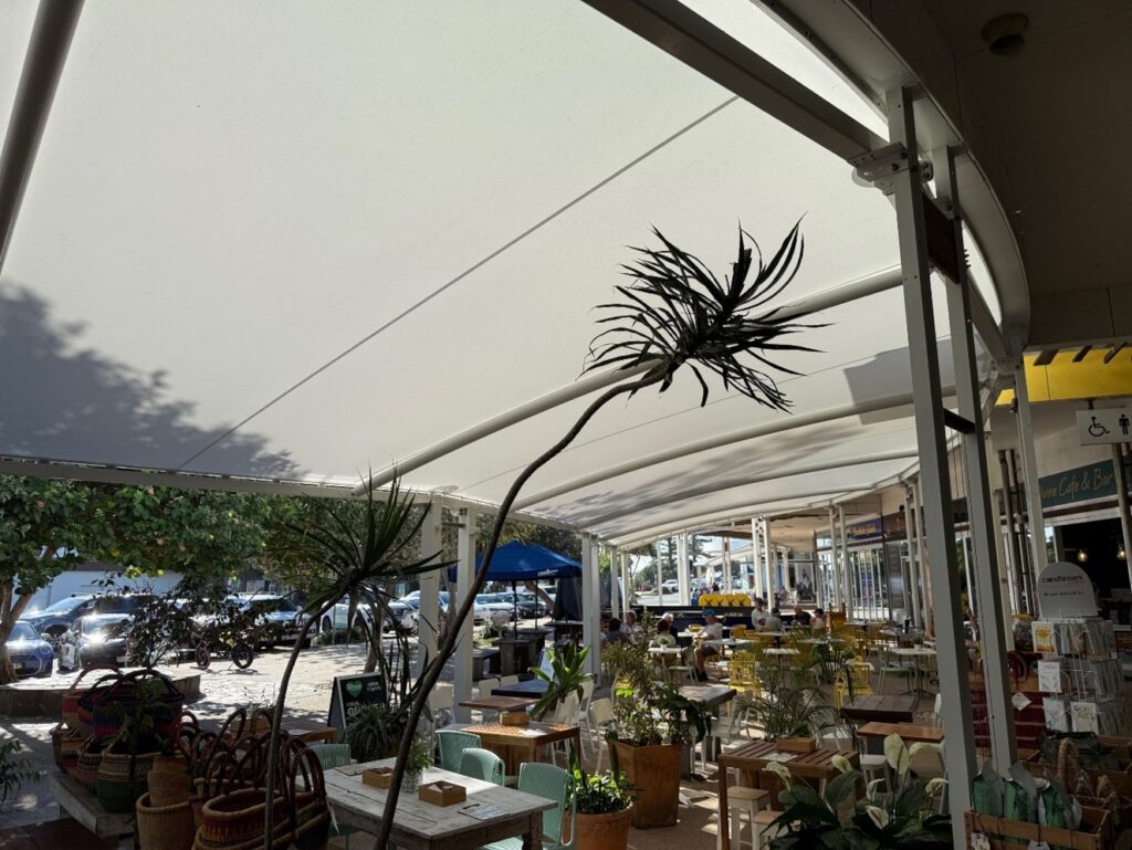 Coolum Retail complex shade structure designed, manufactured and installed by Versatile Structures