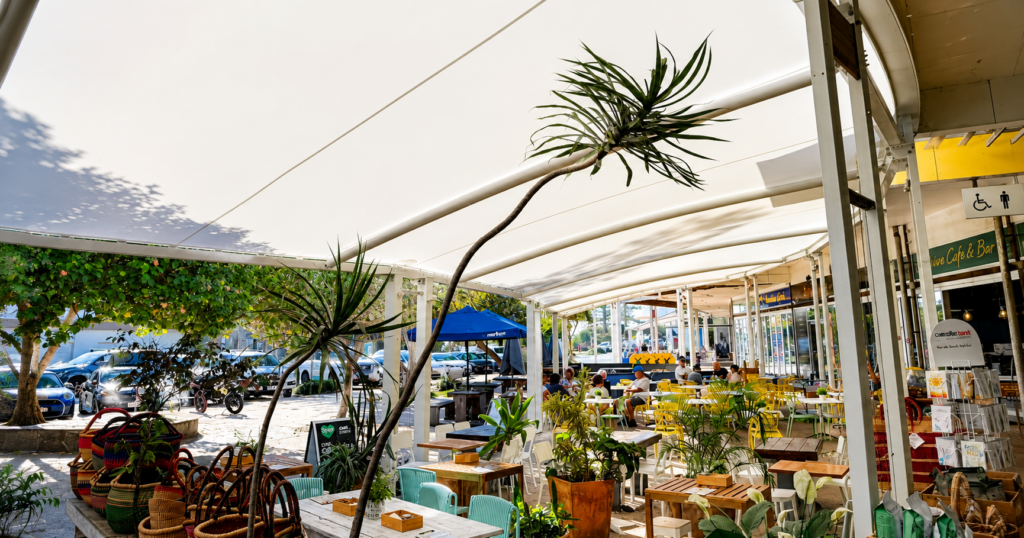 Coolum Retail complex shade structure designed, manufactured and installed by Versatile Structures