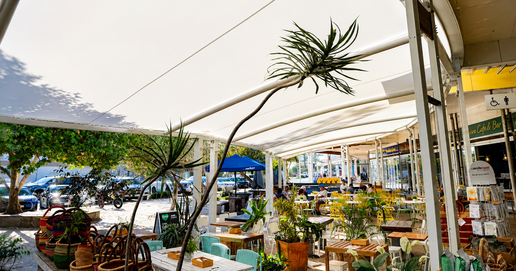 Coolum Retail complex shade structure designed, manufactured and installed by Versatile Structures