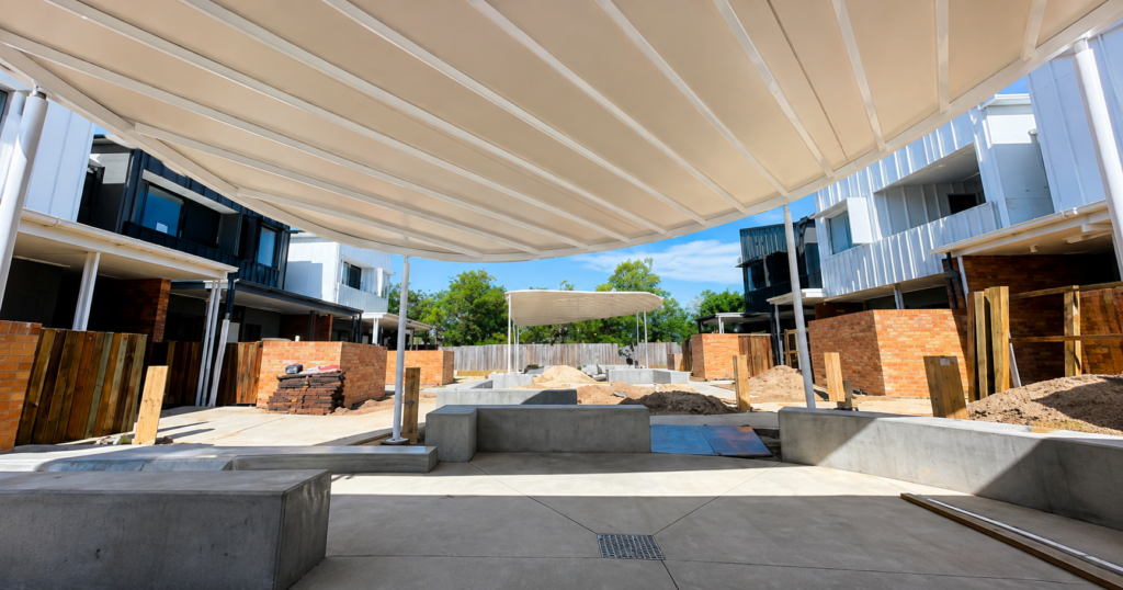 Habitat on Juers shade structure manufactured and installed by Versatile Structures
