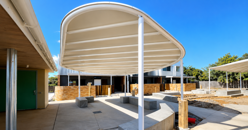 Habitat on Juers shade structure manufactured and installed by Versatile Structures