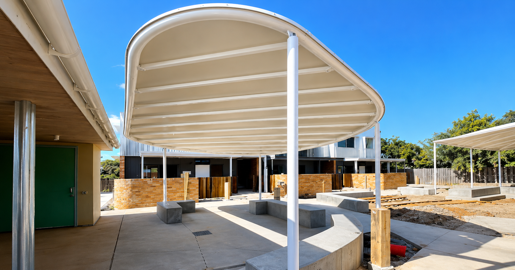 Habitat on Juers shade structure manufactured and installed by Versatile Structures