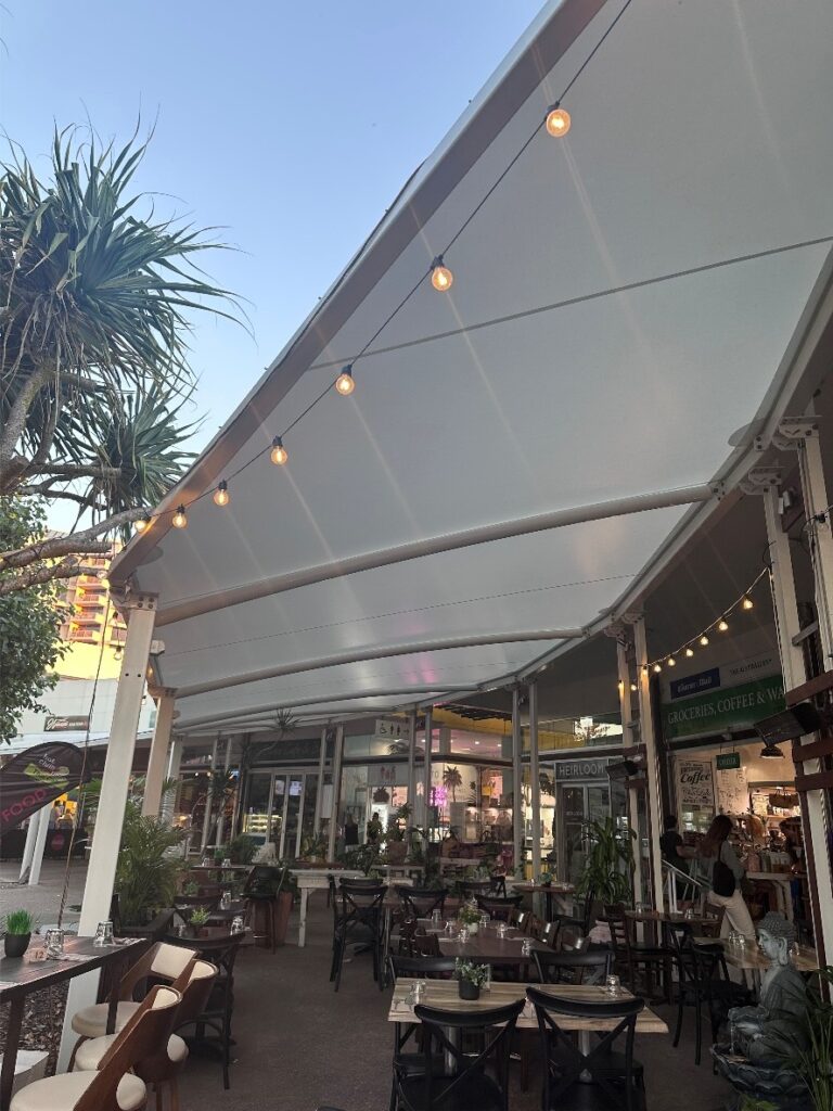 Coolum beach retail precinct shade structure manufactured and installed by Versatile Structures